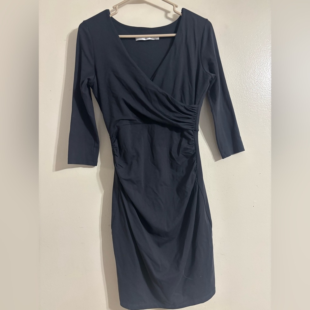 Susana Monaco Elegant Luxury Black Faux Wrap Long Sleeve Dress